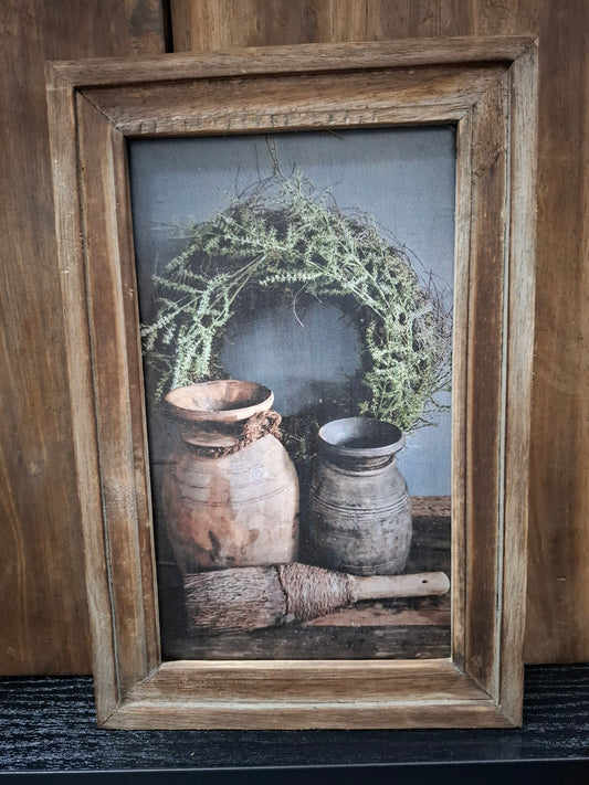 Schilderijtje krans nepalese potten